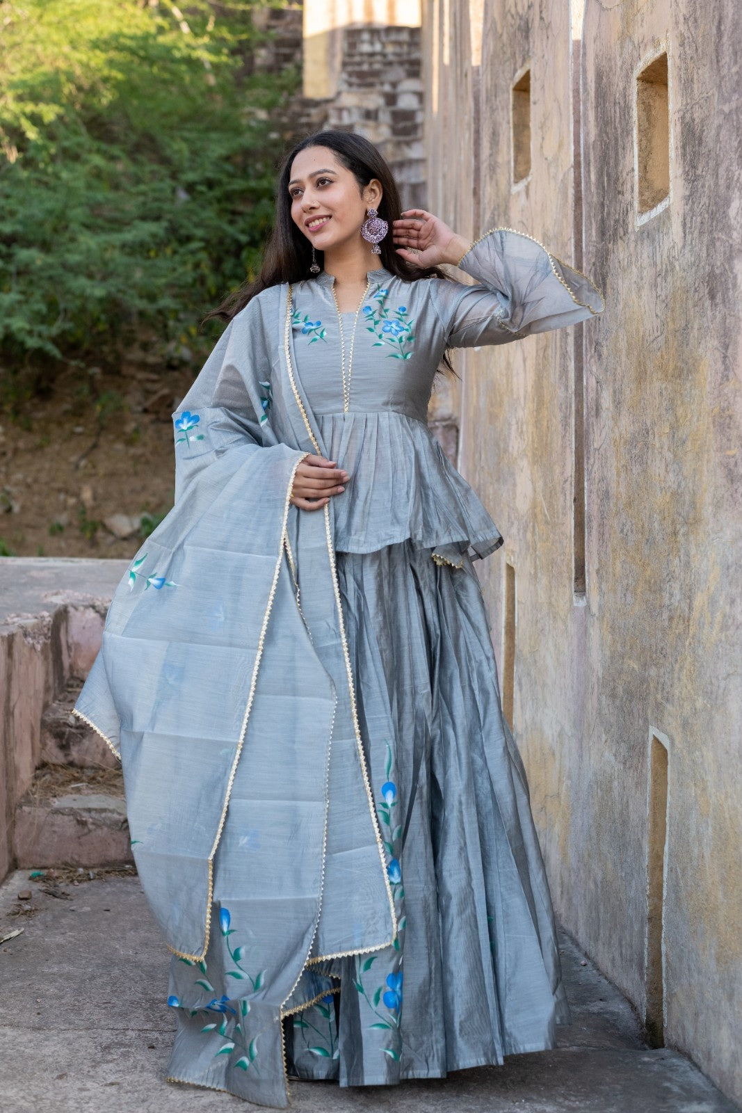 Grey Chanderi Hand Painted Lehenga