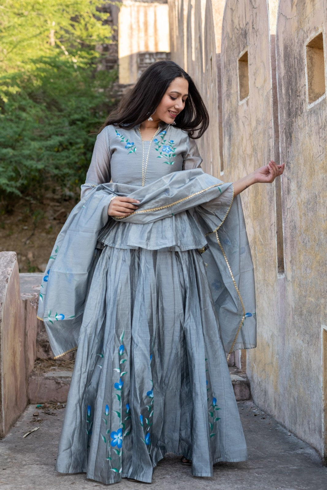 Grey Chanderi Hand Painted Lehenga