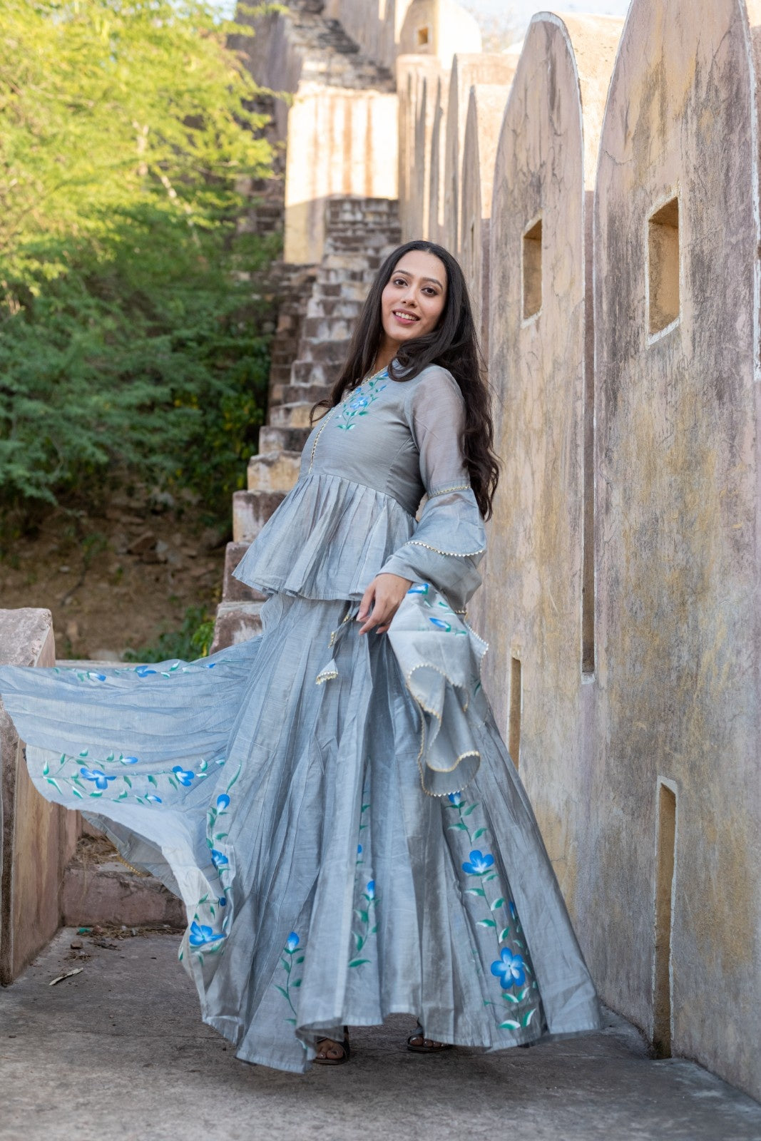 Grey Chanderi Hand Painted Lehenga