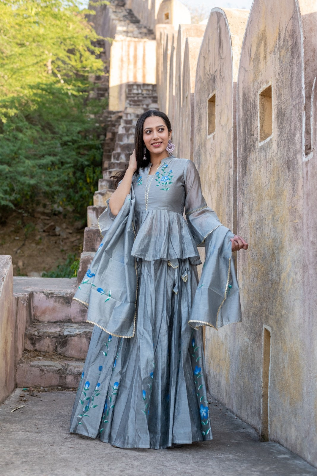 Grey Chanderi Hand Painted Lehenga
