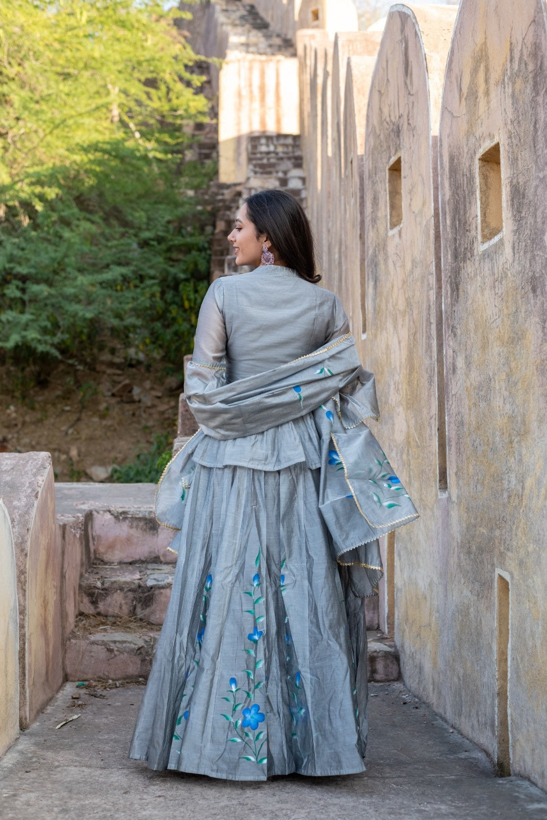 Grey Chanderi Hand Painted Lehenga