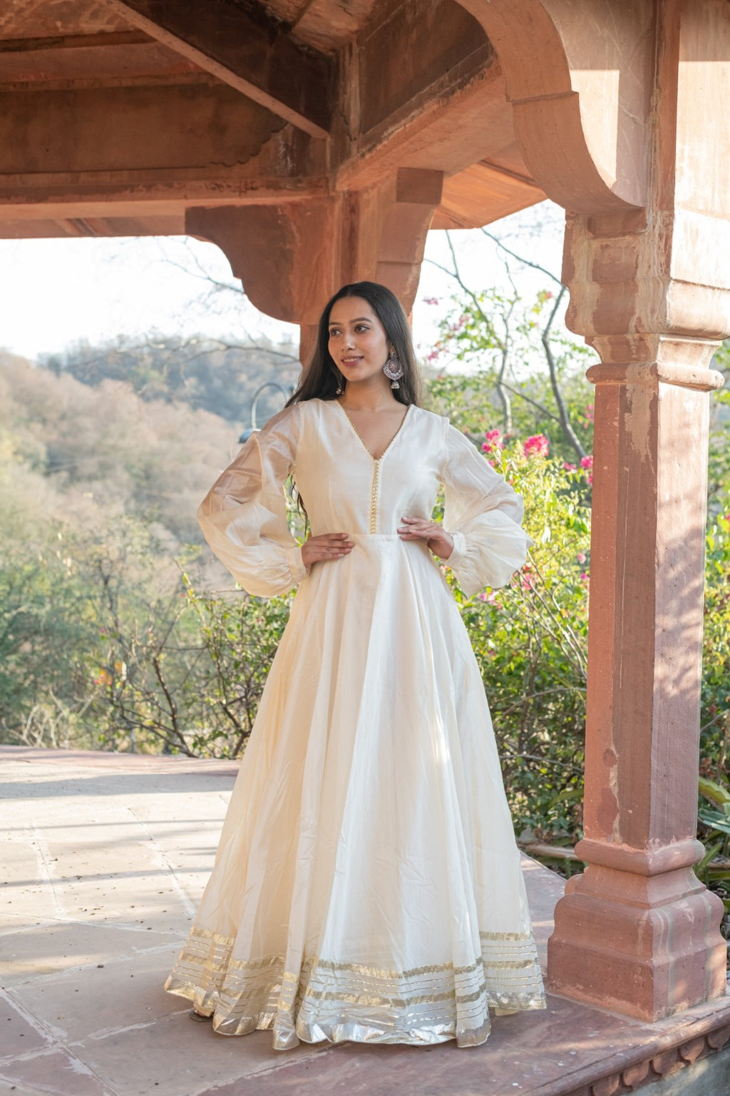 Beige Chanderi Dress with Gota Work