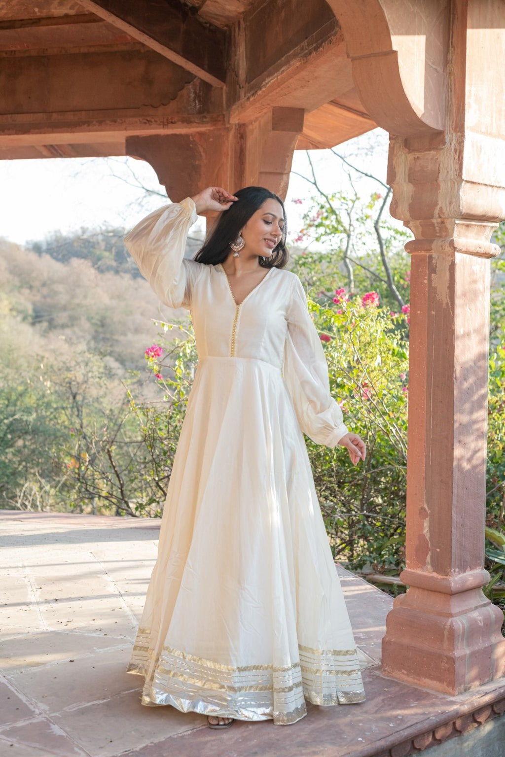 Beige Chanderi Dress with Gota Work