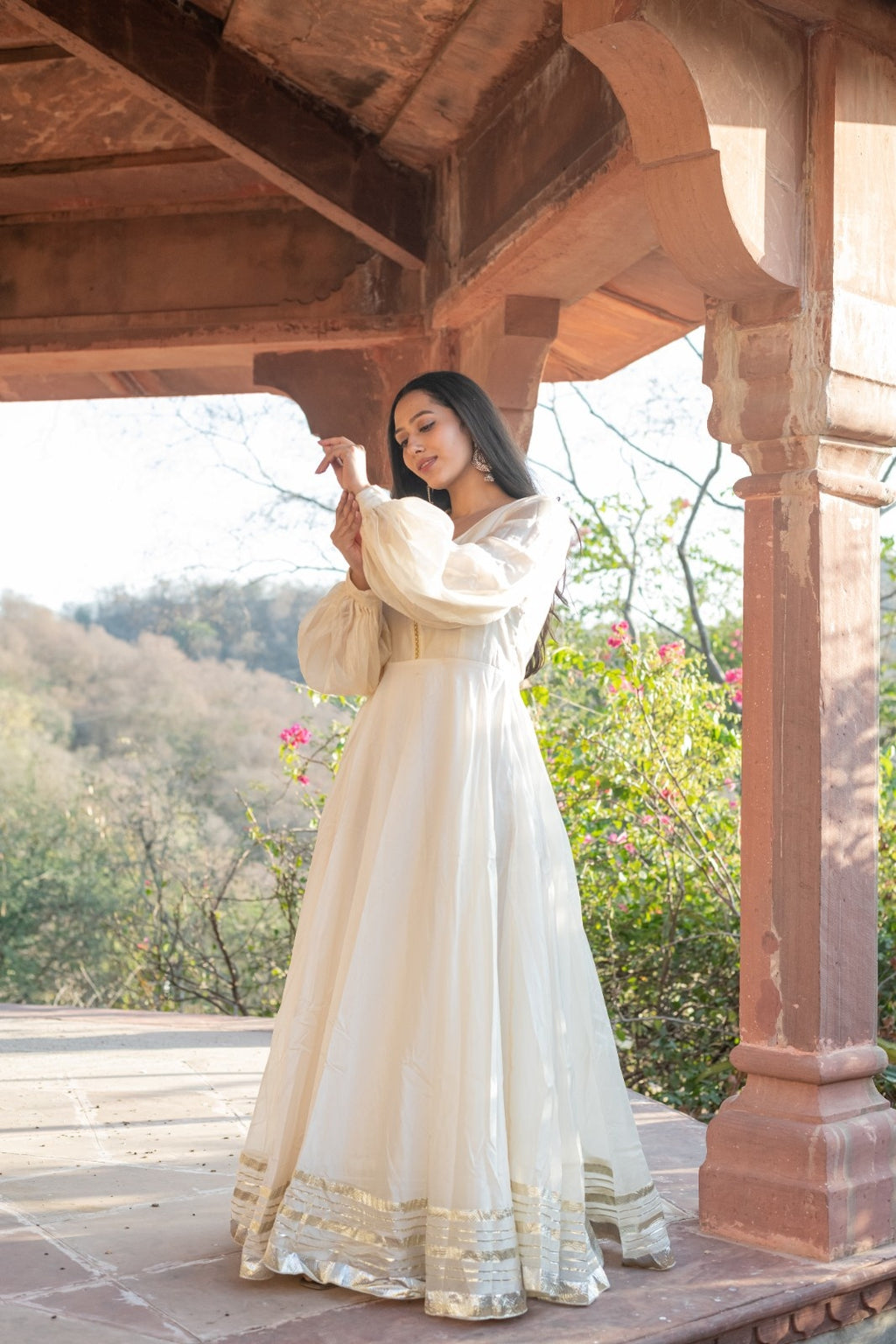 Beige Chanderi Dress with Gota Work