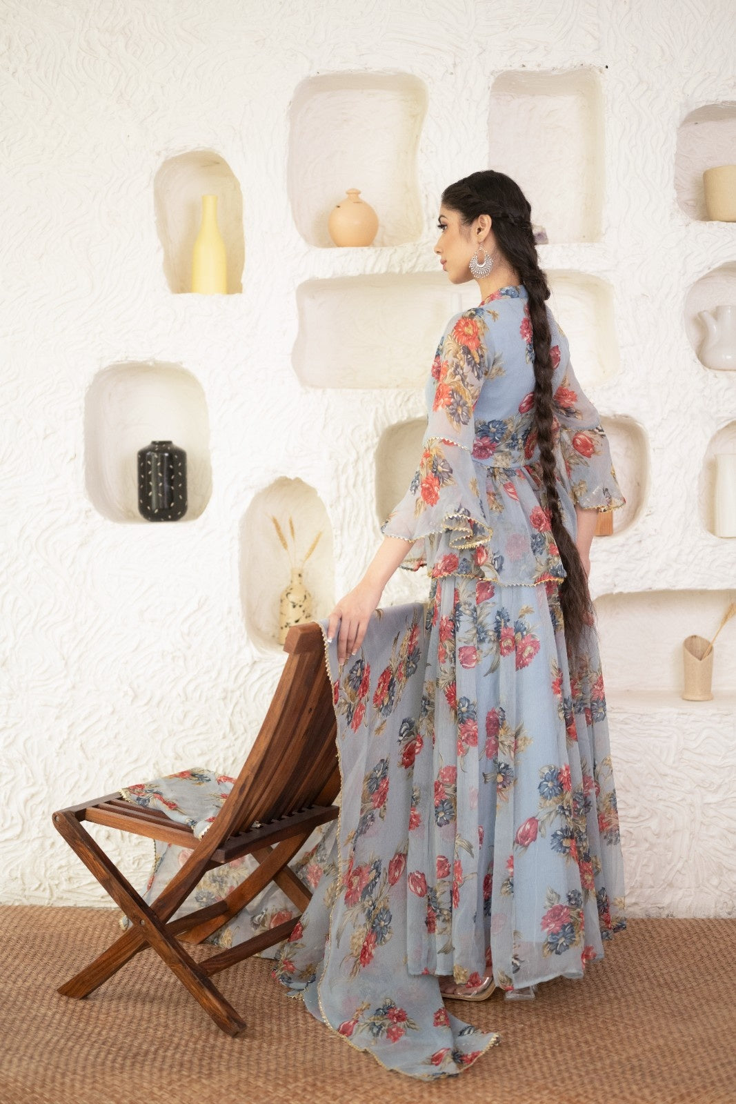 Grey Chiffon Floral Print Lehenga