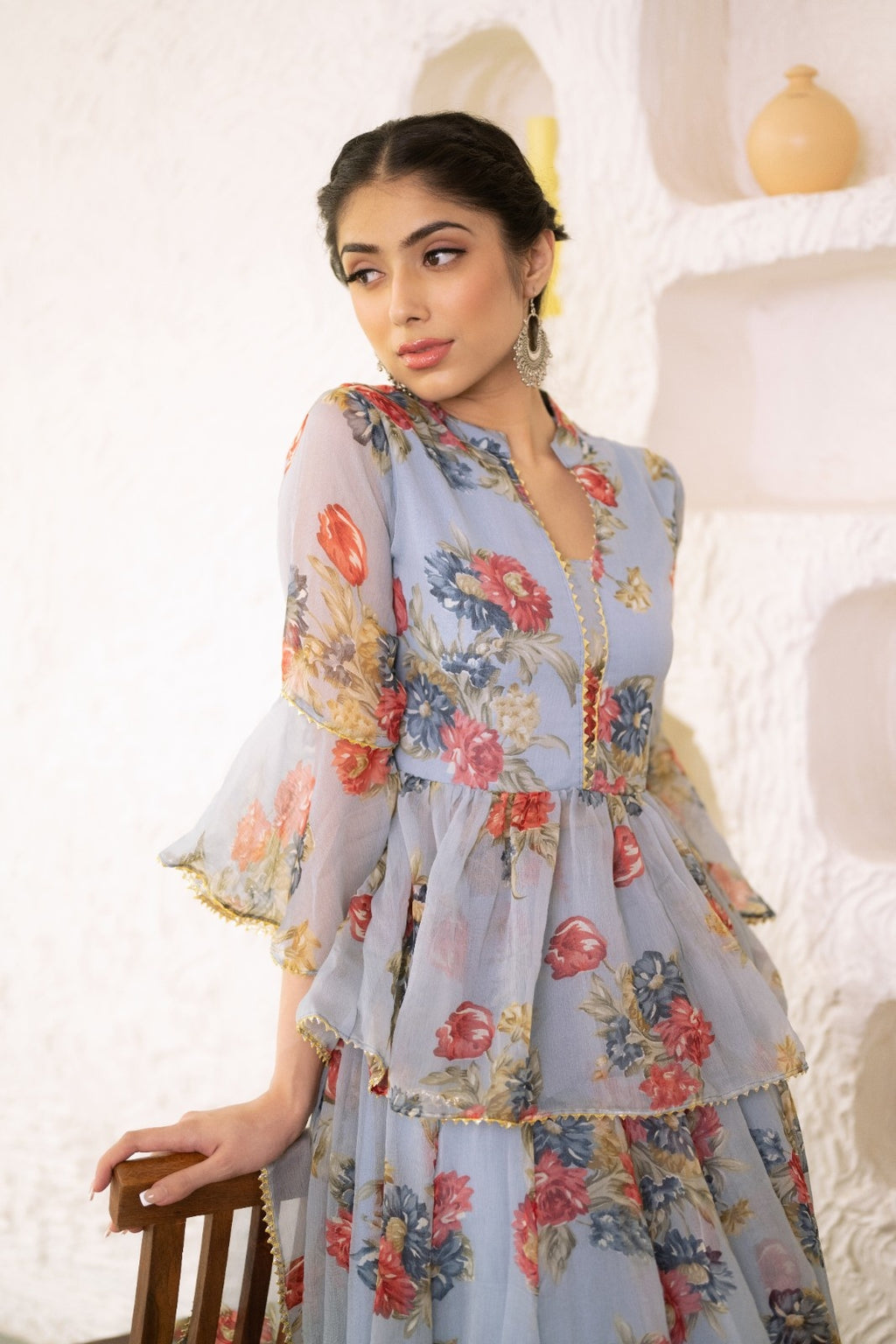 Grey Chiffon Floral Print Lehenga