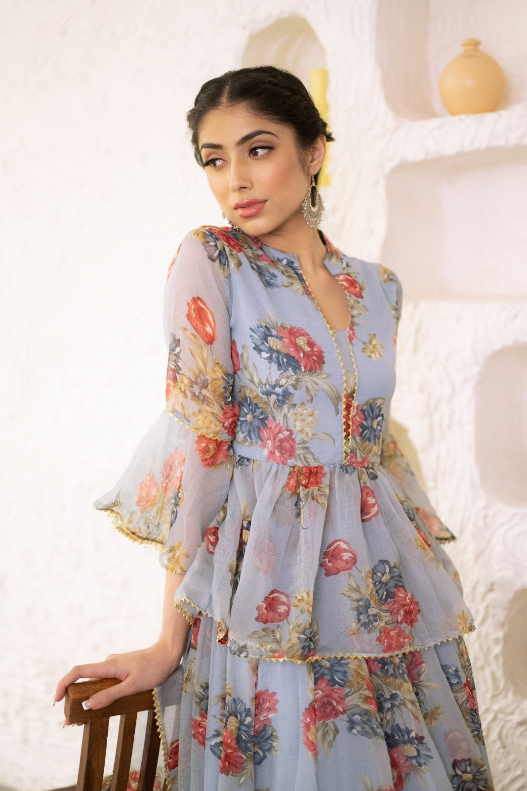 Grey Chiffon Floral Print Lehenga
