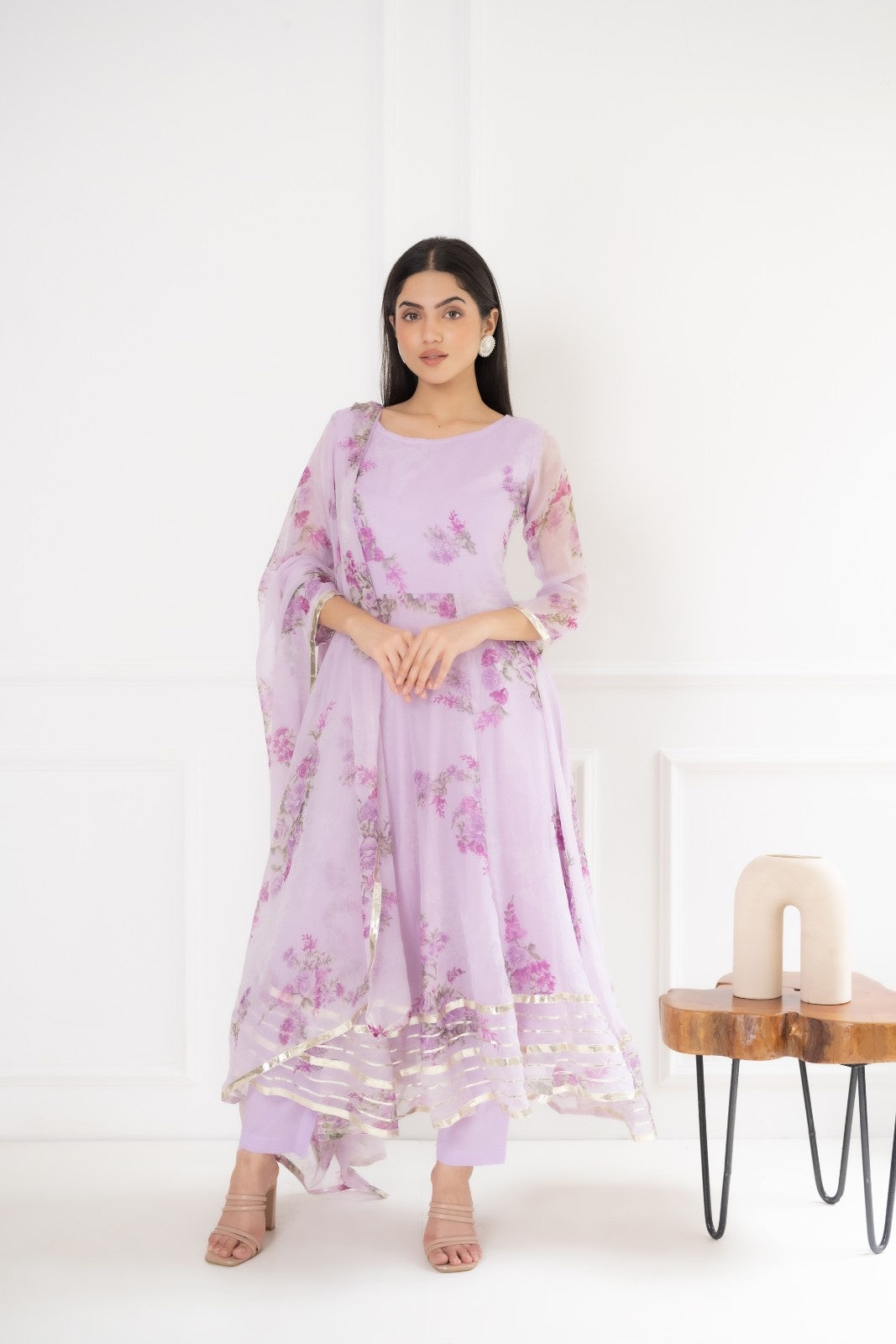 Purple Chiffon Floral Print Anarkali Kurta Set