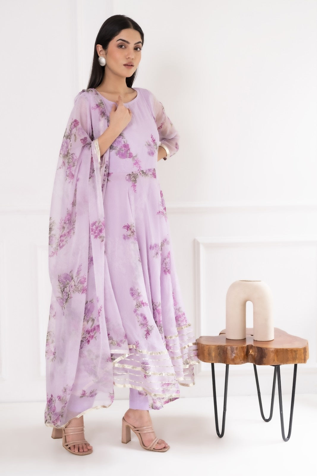 Purple Chiffon Floral Print Anarkali Kurta Set