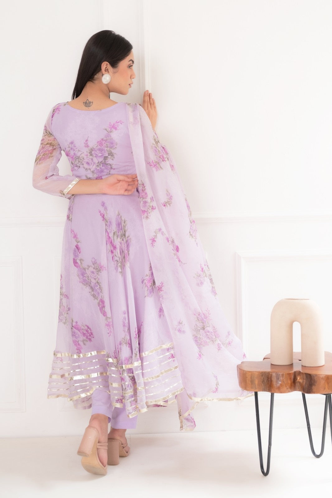 Purple Chiffon Floral Print Anarkali Kurta Set