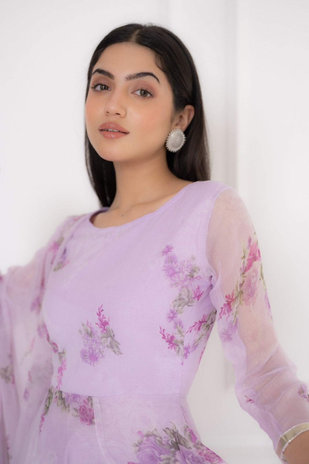 Purple Chiffon Floral Print Anarkali Kurta Set