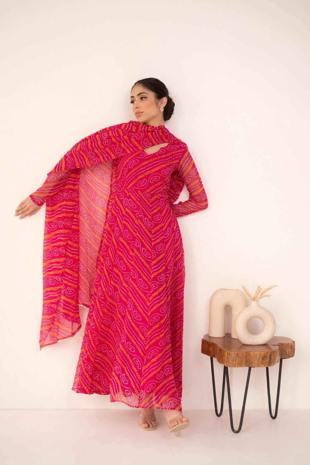 Pink Chiffon Bhandej Print Anarkali Kurta Set