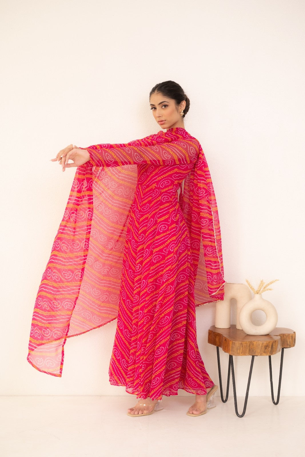 Pink Chiffon Bhandej Print Anarkali Kurta Set