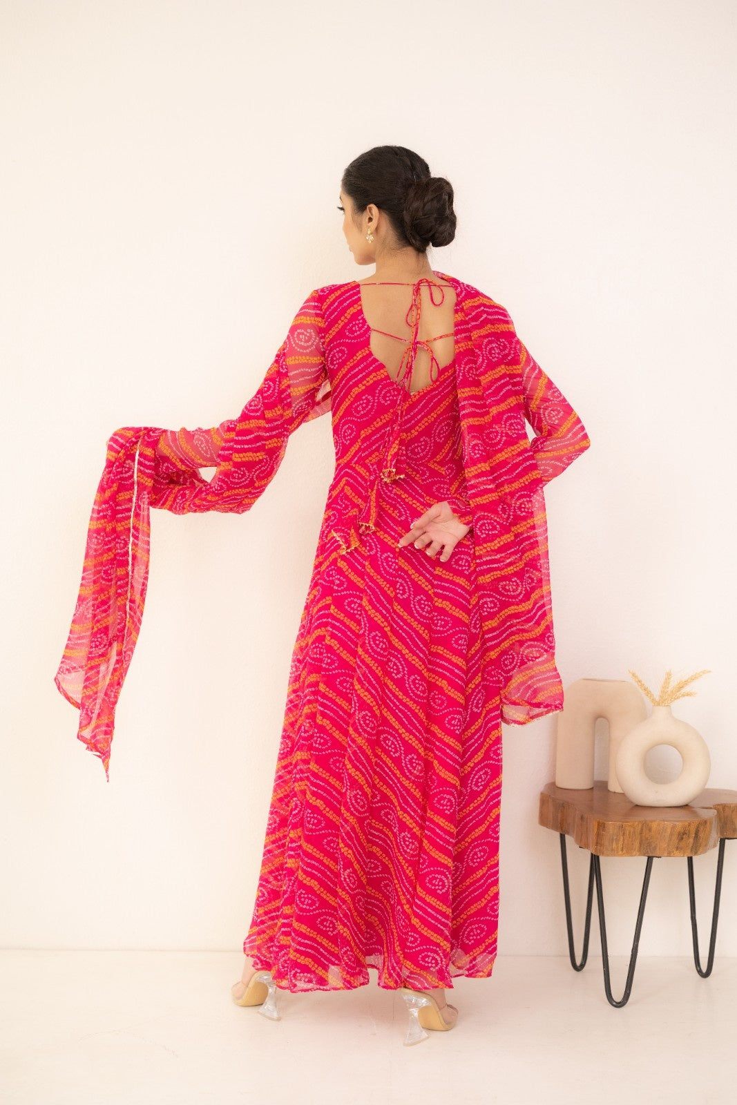 Pink Chiffon Bhandej Print Anarkali Kurta Set