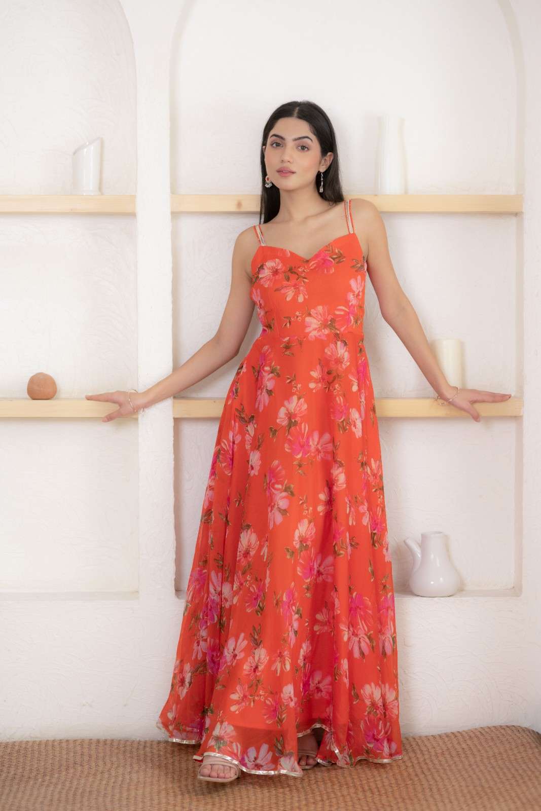 Orange Chiffon Printed Dress