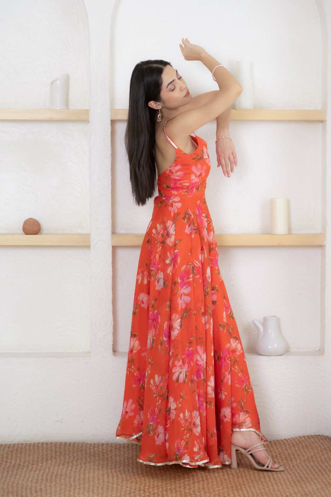 Orange Chiffon Printed Dress