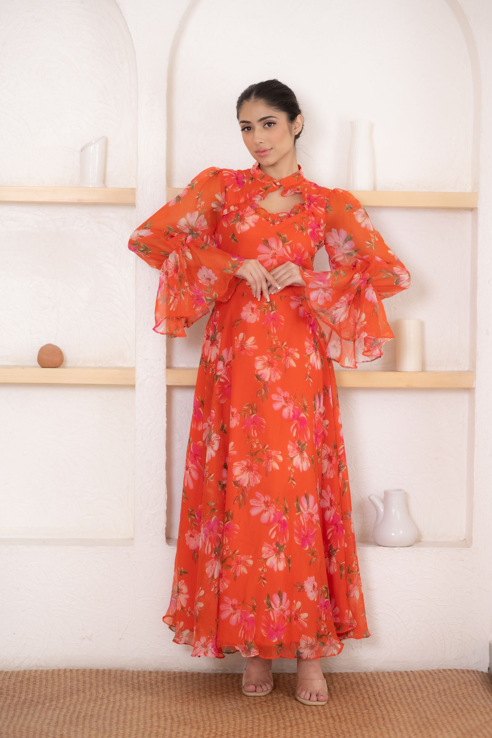 Orange Chiffon Printed Dress