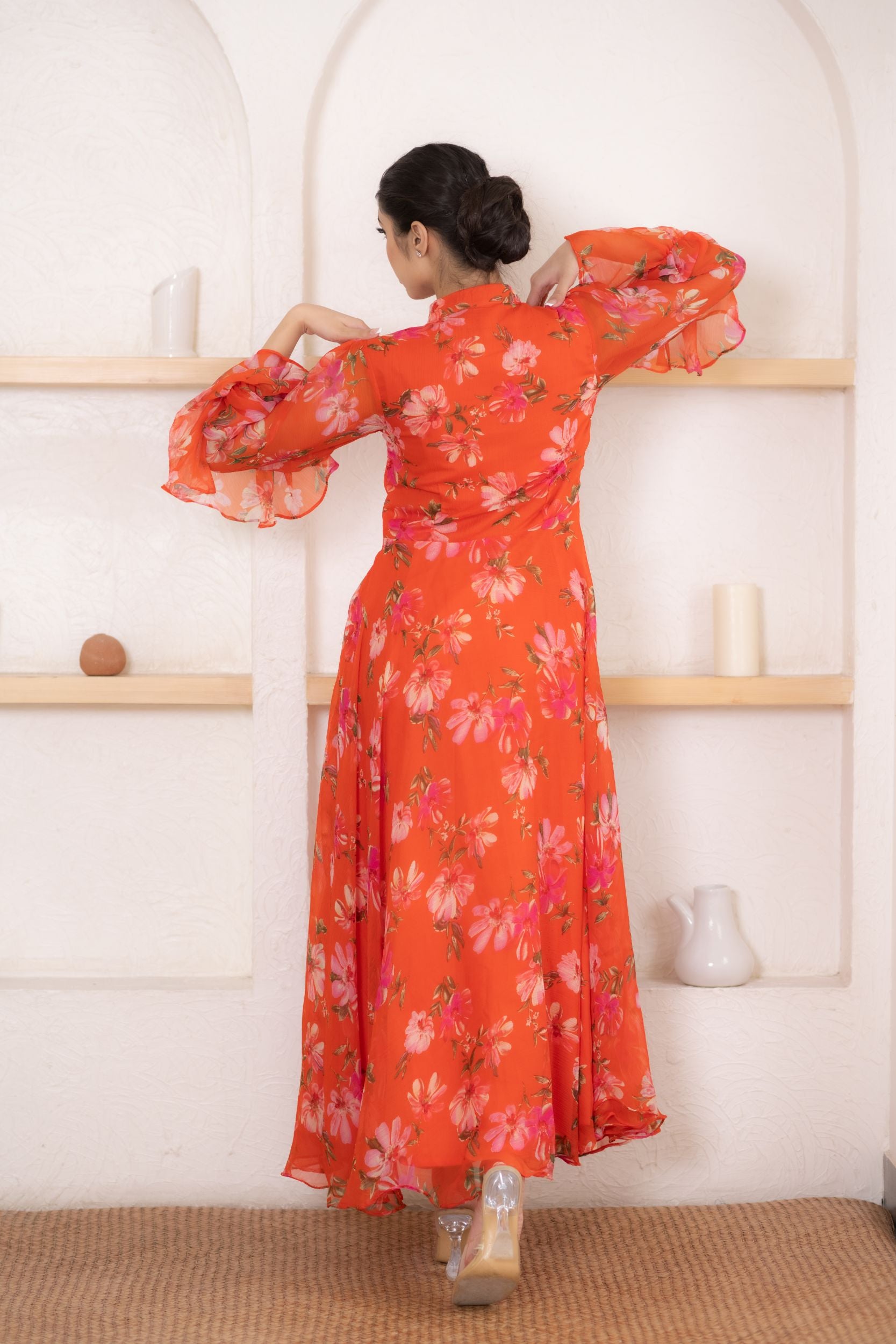 Orange Chiffon Printed Dress
