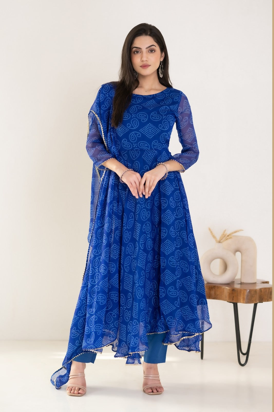 Blue Chiffon Bandhej Print Anarkali Kurta Set
