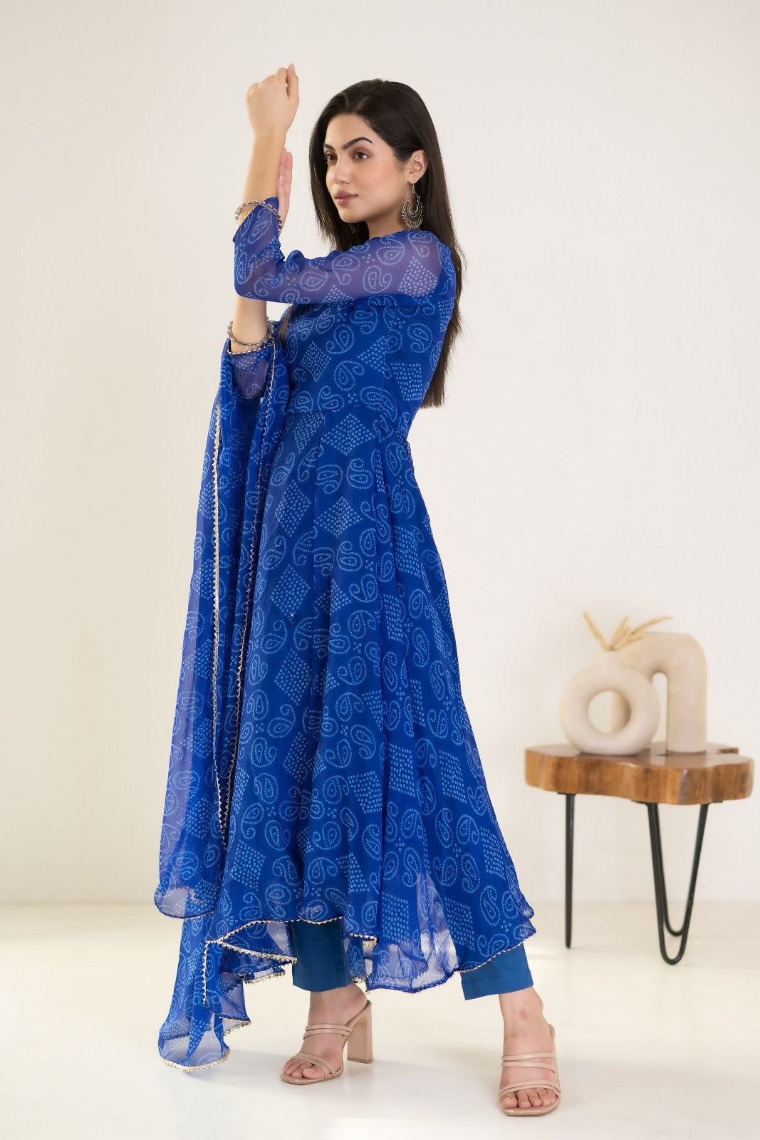 Blue Chiffon Bandhej Print Anarkali Kurta Set
