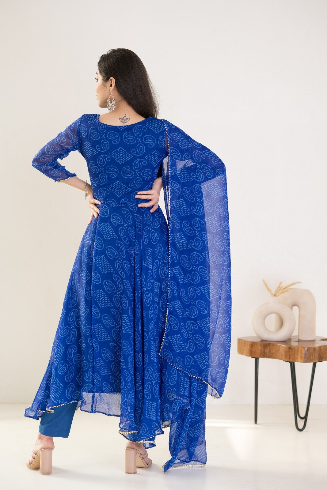 Blue Chiffon Bandhej Print Anarkali Kurta Set