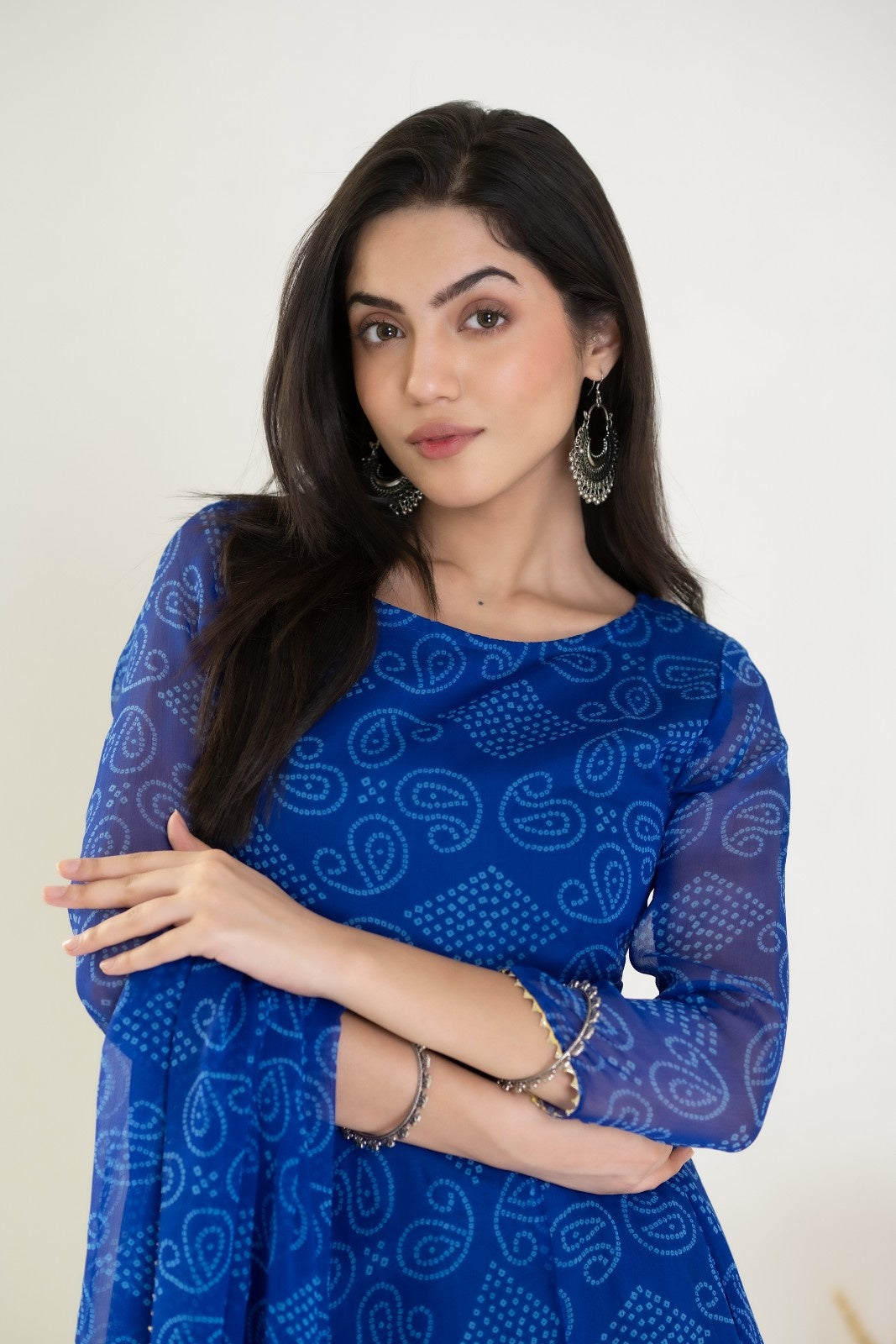 Blue Chiffon Bandhej Print Anarkali Kurta Set