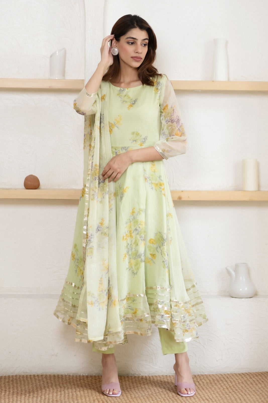 Green Chiffon Floral Print Anarkali Kurta Set