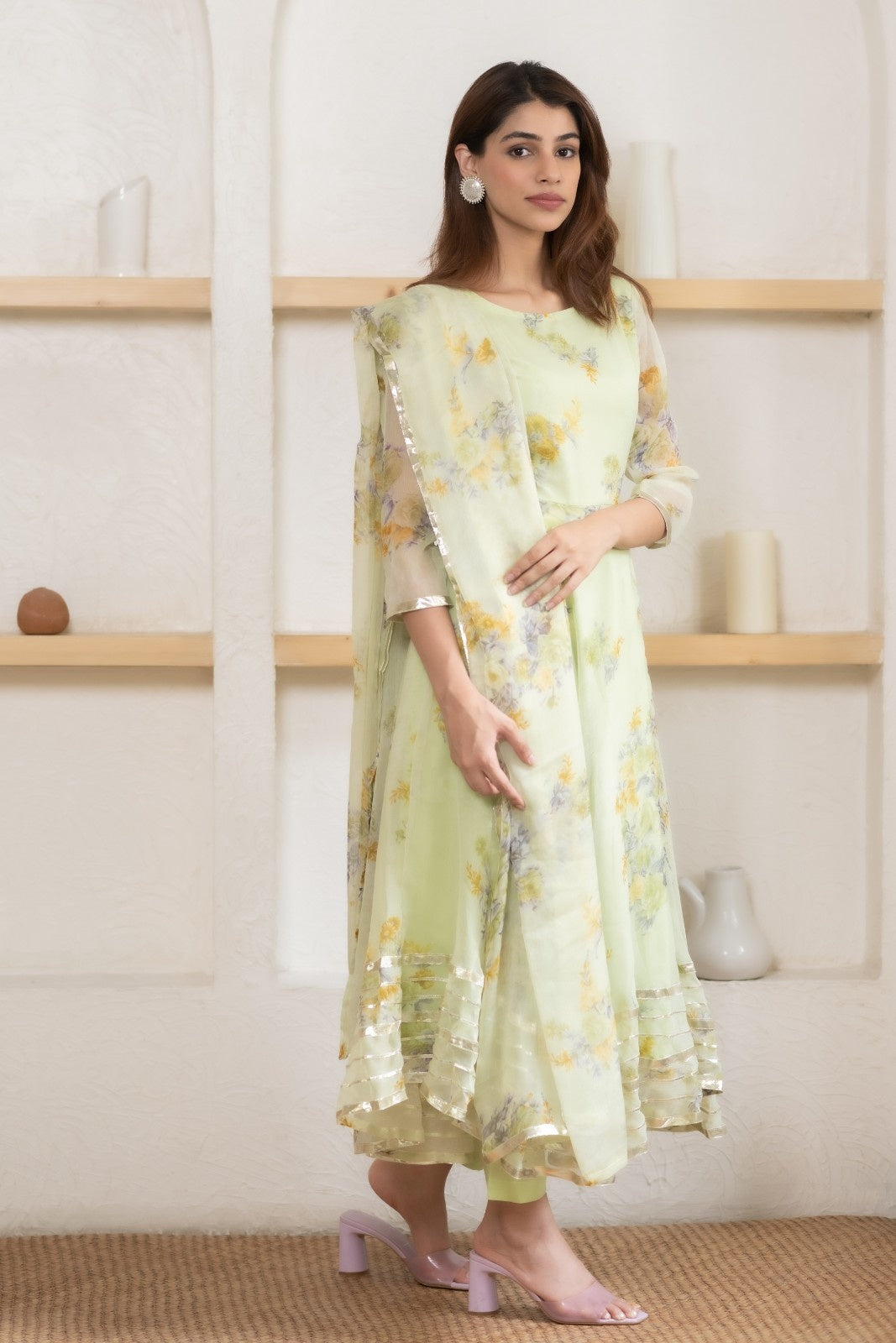 Green Chiffon Floral Print Anarkali Kurta Set