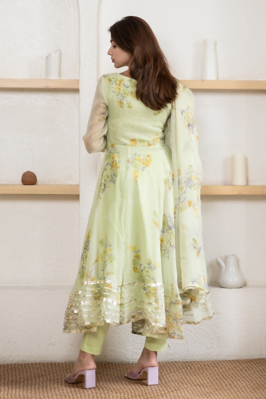 Green Chiffon Floral Print Anarkali Kurta Set