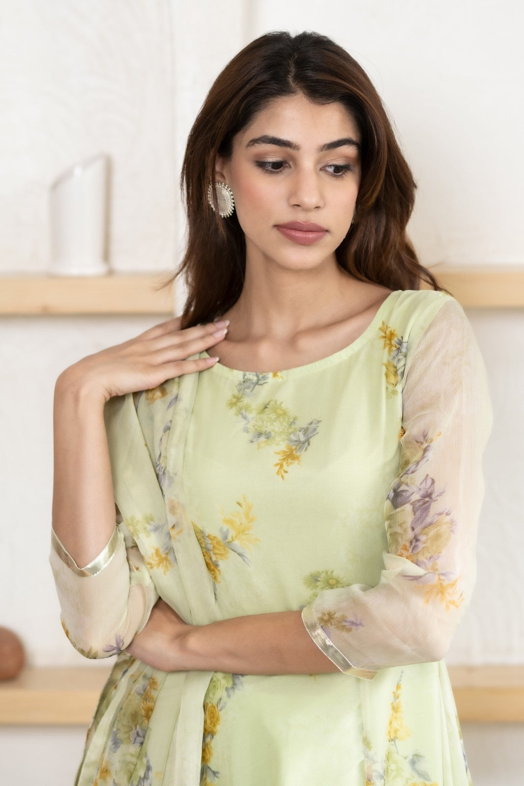 Green Chiffon Floral Print Anarkali Kurta Set