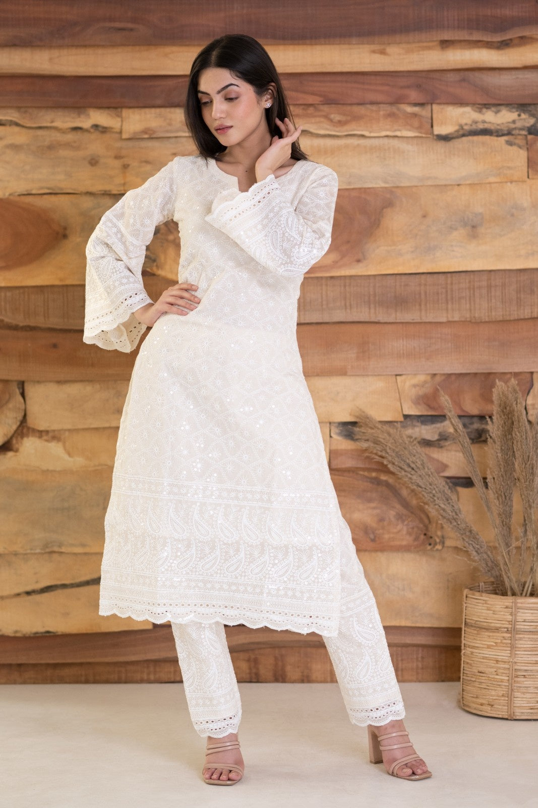 Off white Rayon Chikankari Kurta pant Set