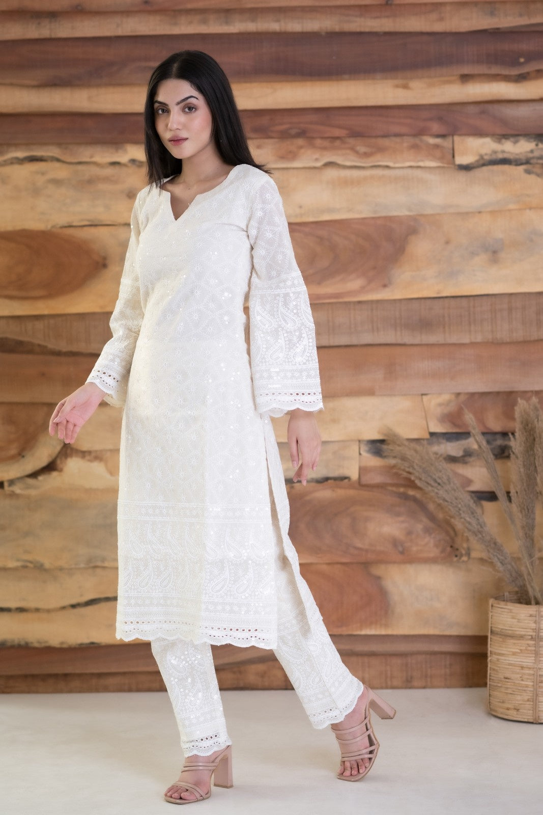 Off white Rayon Chikankari Kurta pant Set