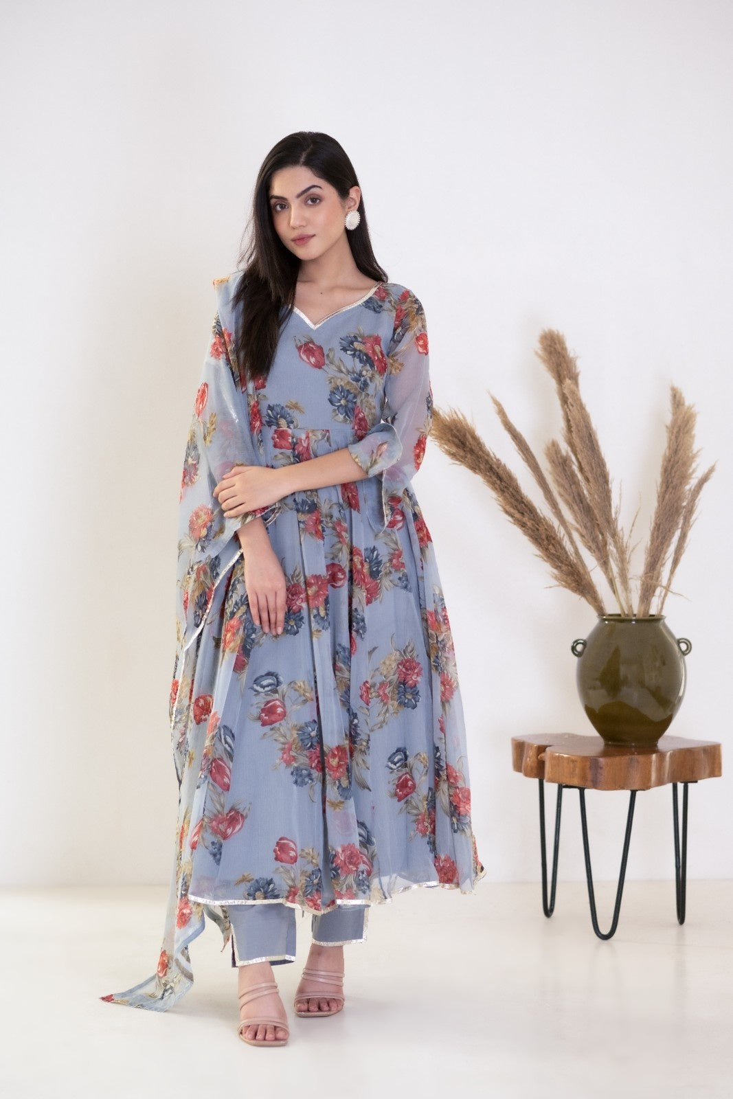 Grey Chiffon Floral Print Anarkali Kurta Set