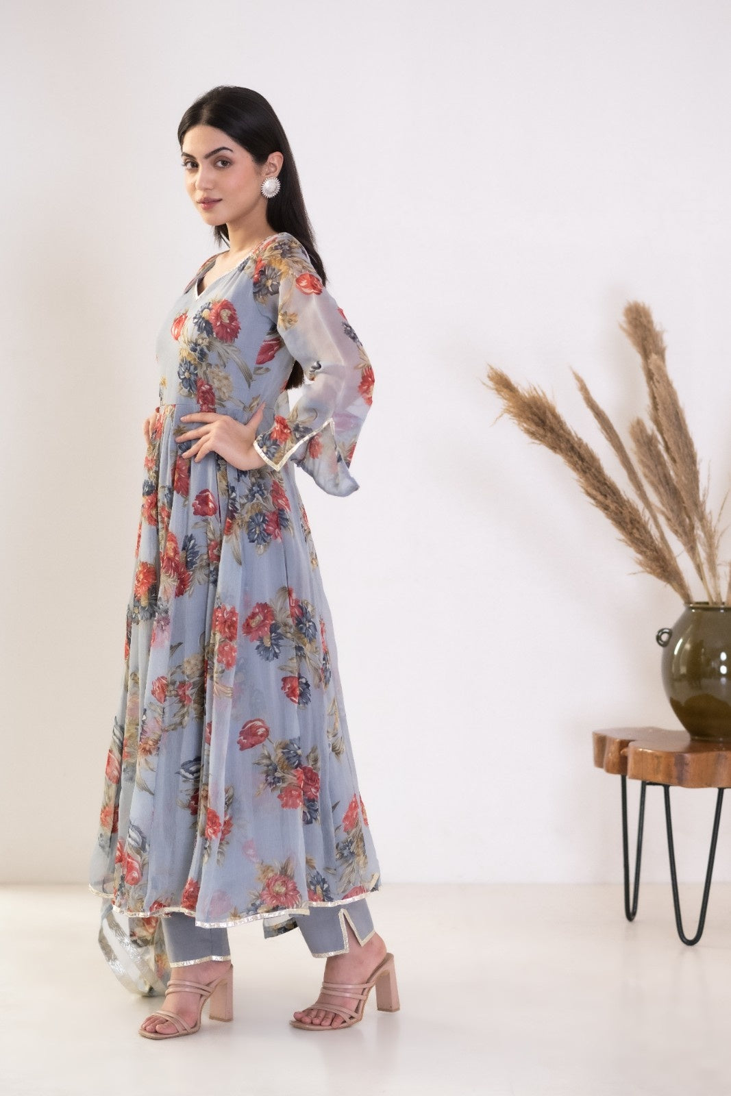Grey Chiffon Floral Print Anarkali Kurta Set