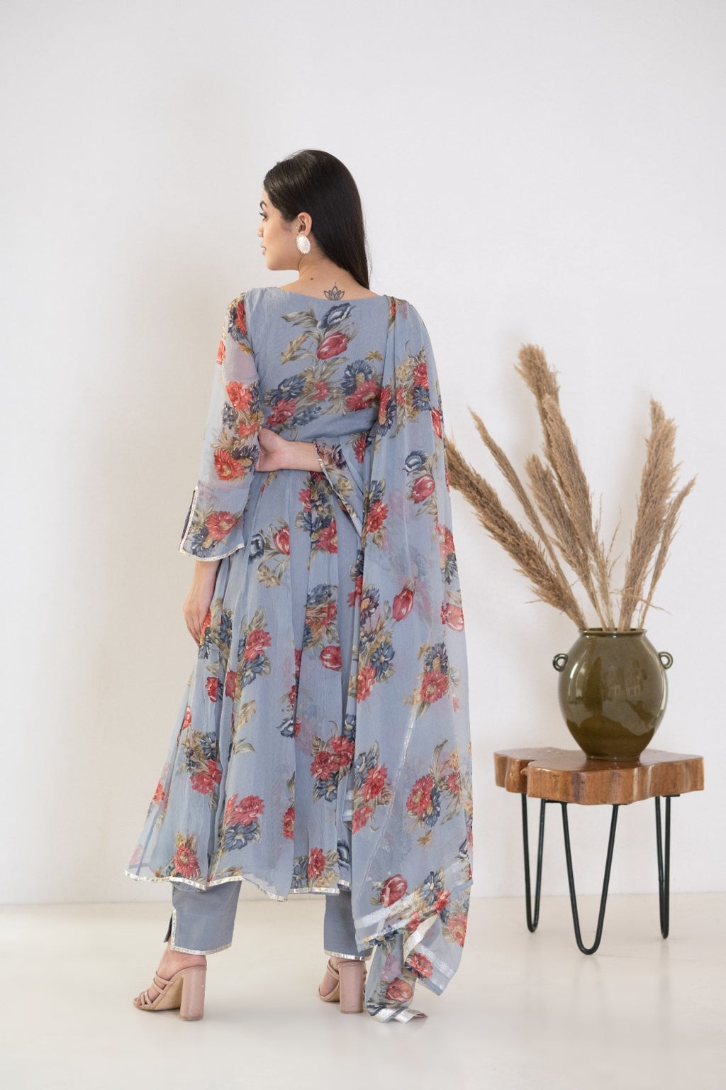 Grey Chiffon Floral Print Anarkali Kurta Set