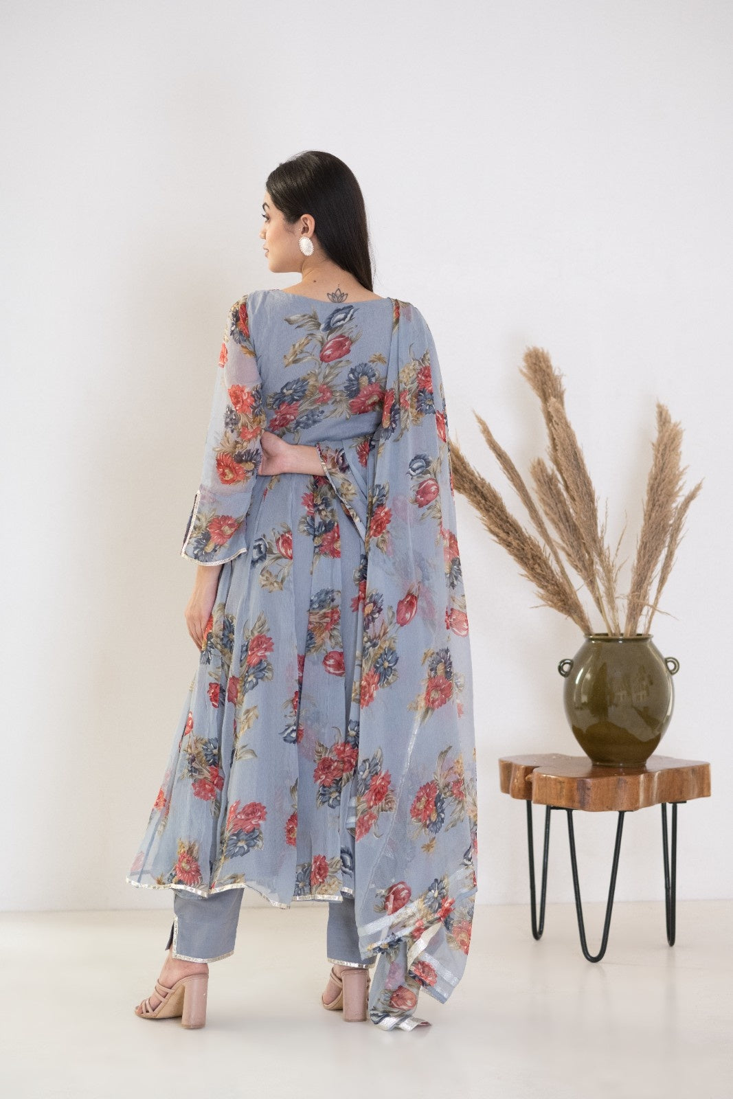 Grey Chiffon Floral Print Anarkali Kurta Set