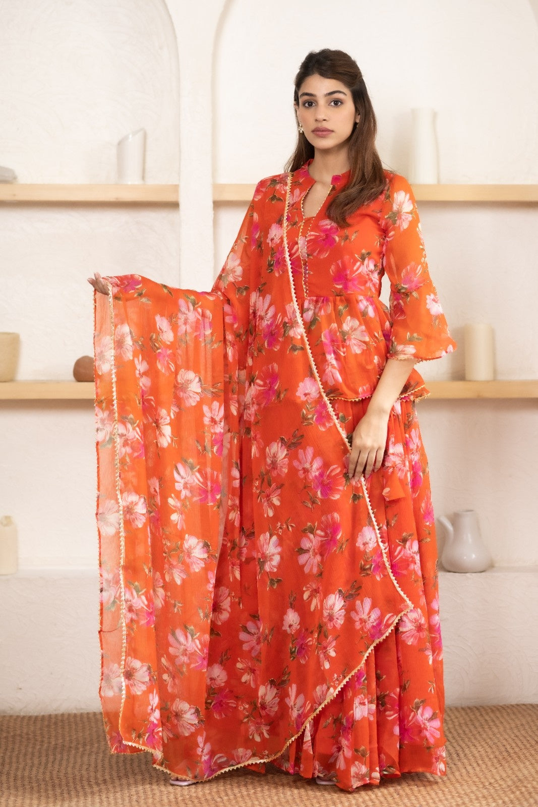 Orange Chiffon Floral Print Lehenga