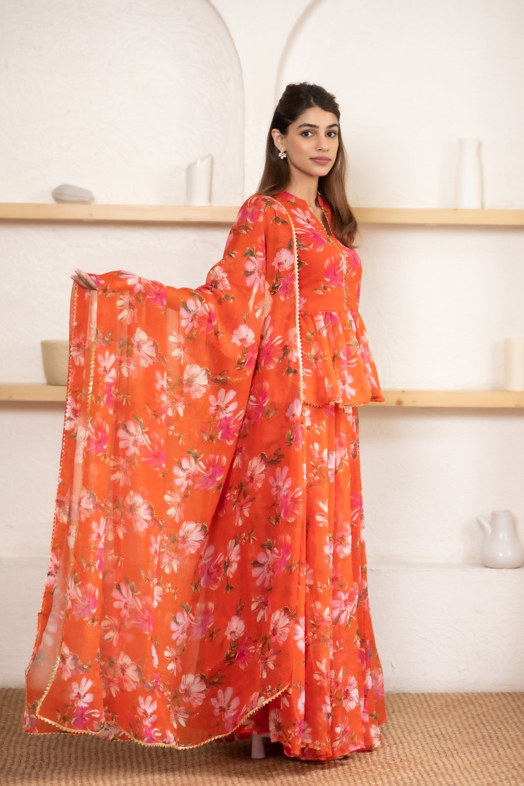 Orange Chiffon Floral Print Lehenga