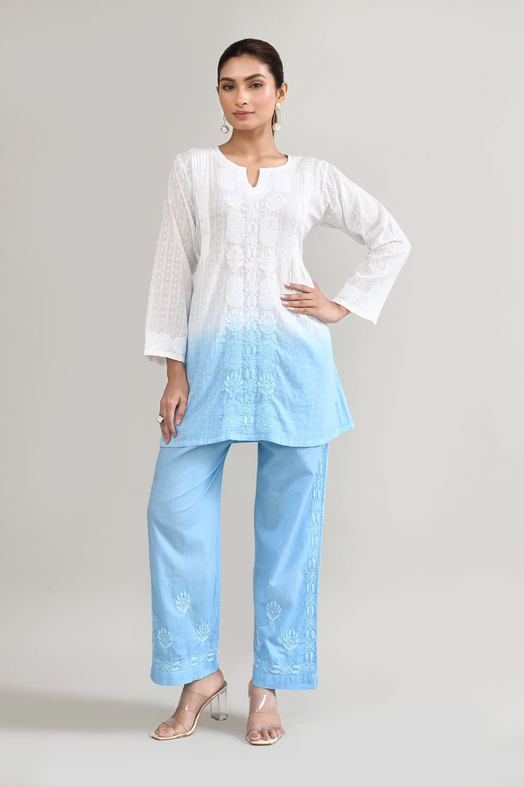 Cotton Chikankari Sky Blue & White Cord set