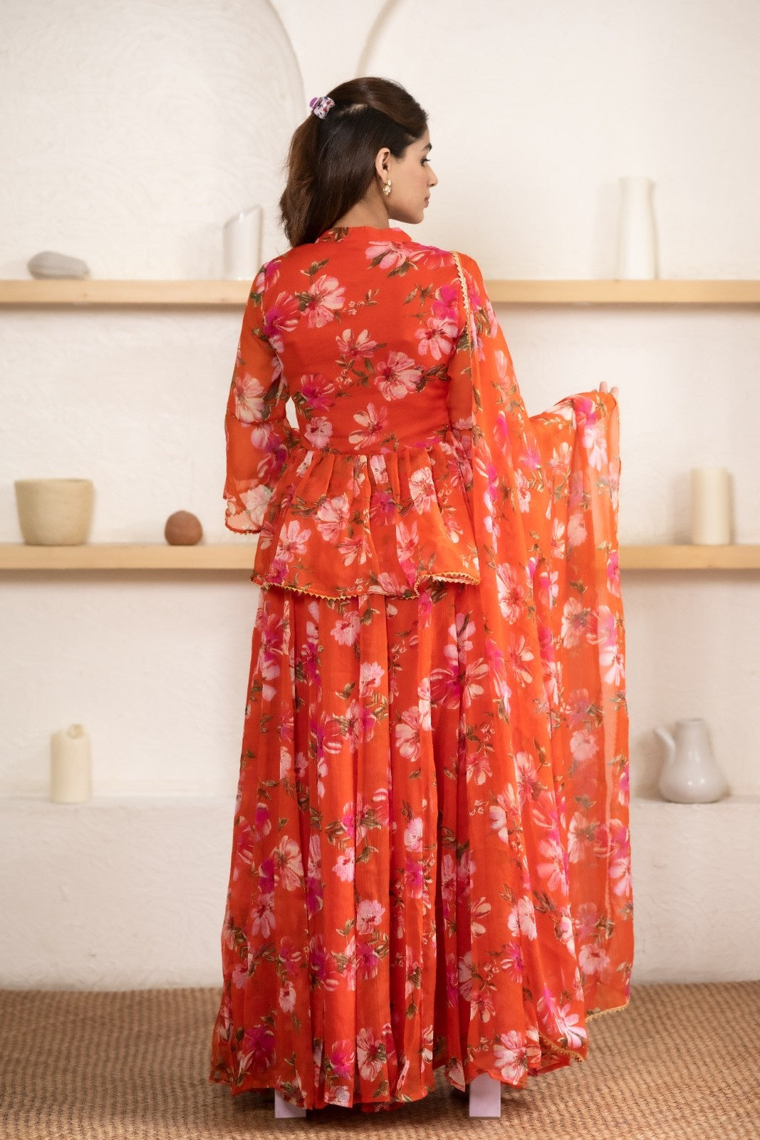Orange Chiffon Floral Print Lehenga