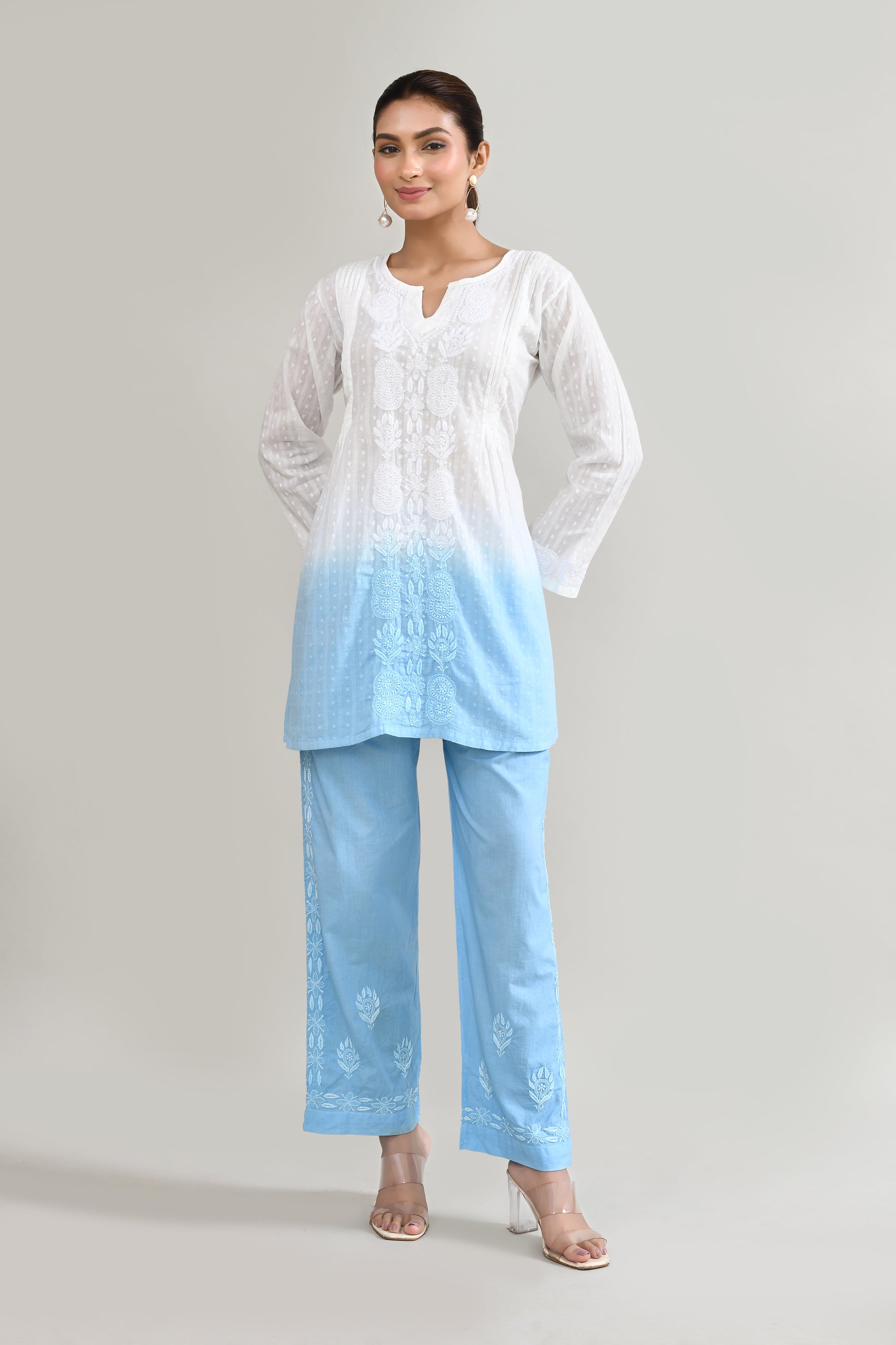 Cotton Chikankari Sky Blue & White Cord set