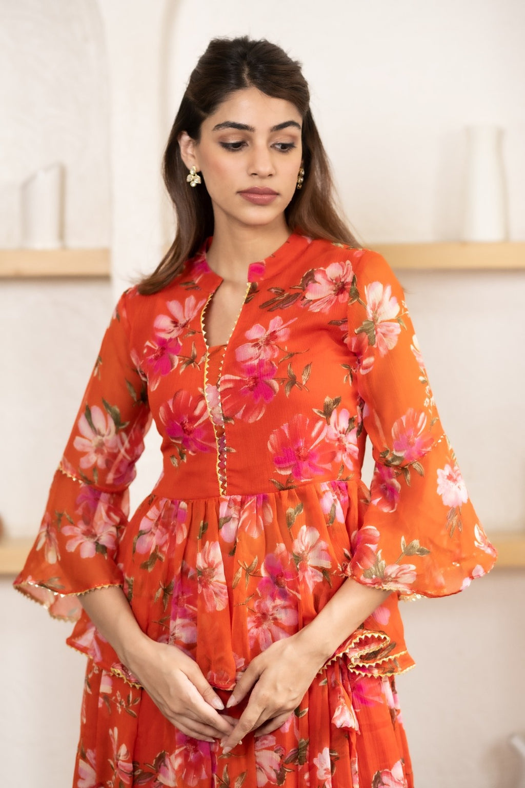 Orange Chiffon Floral Print Lehenga