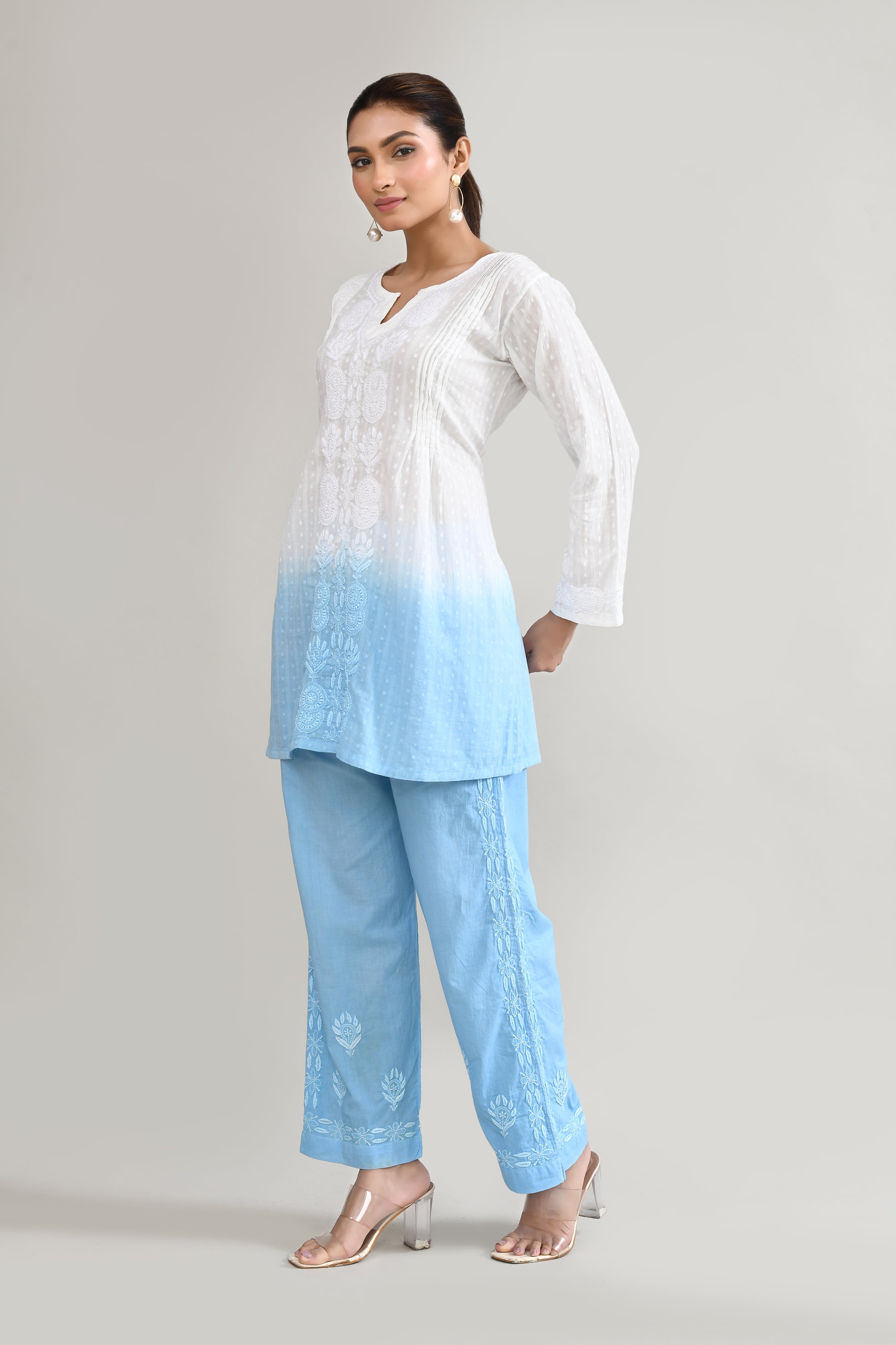 Cotton Chikankari Sky Blue & White Cord set