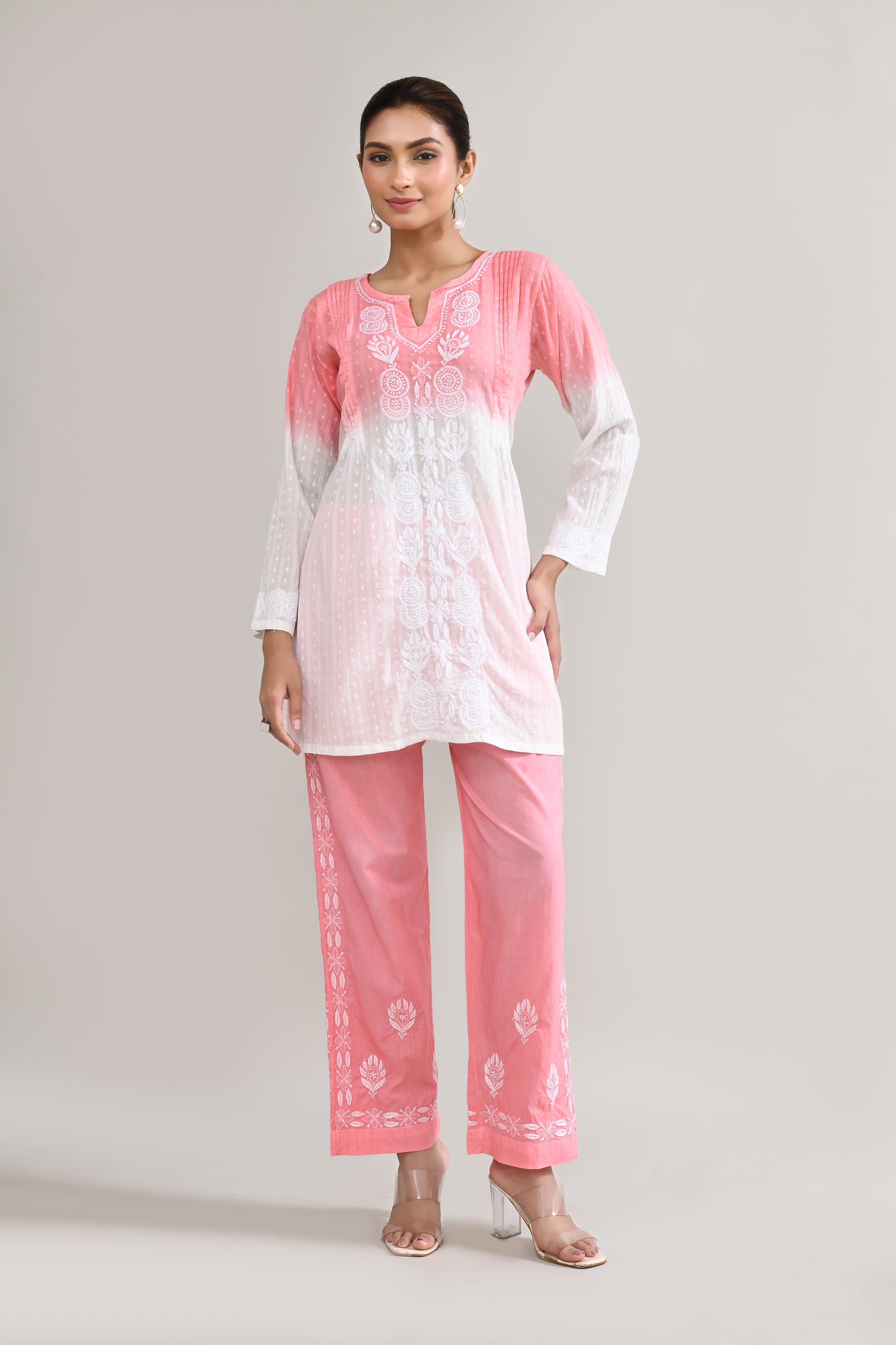 Cotton Chikankari Pink & White Cord set