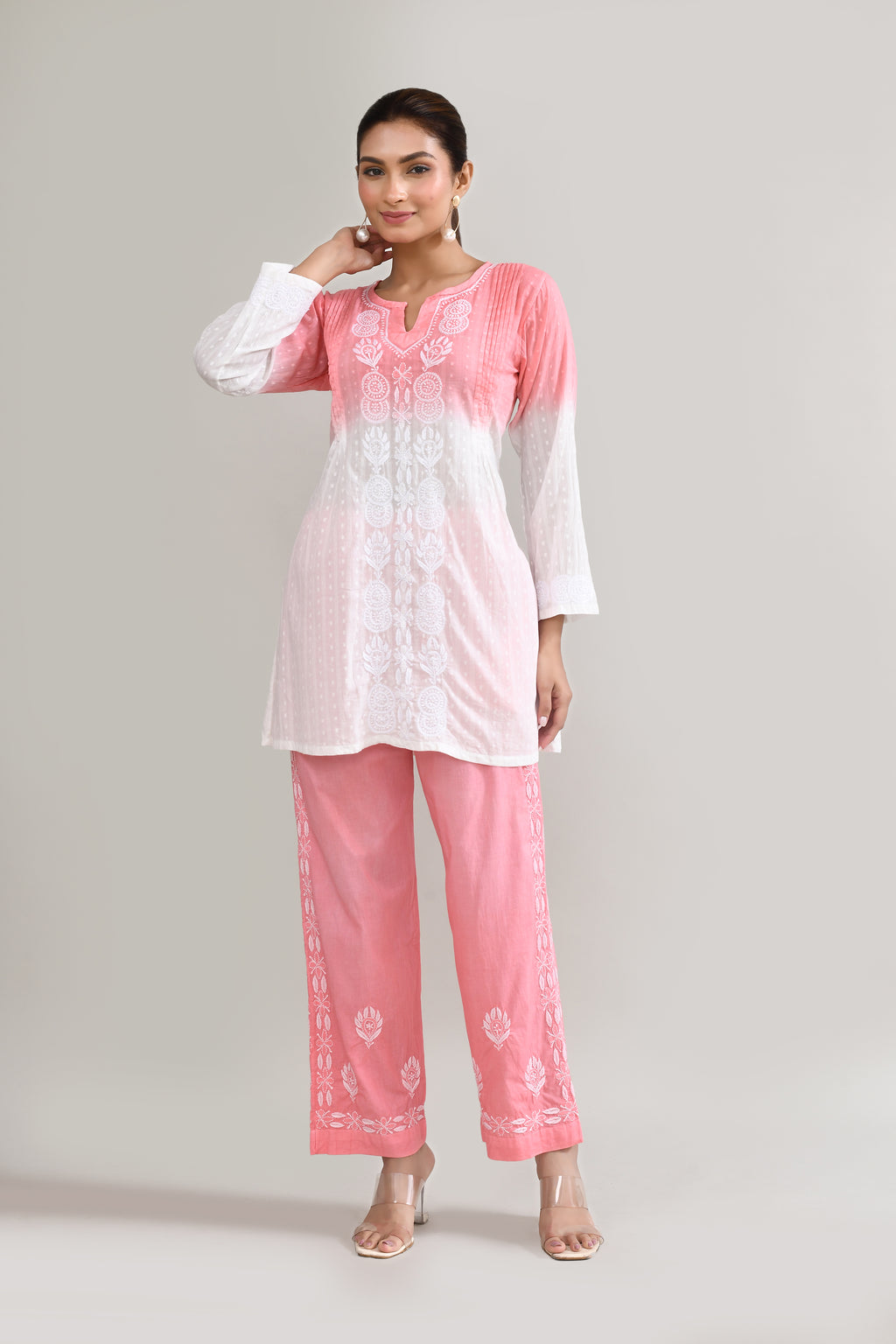 Cotton Chikankari Pink & White Cord set