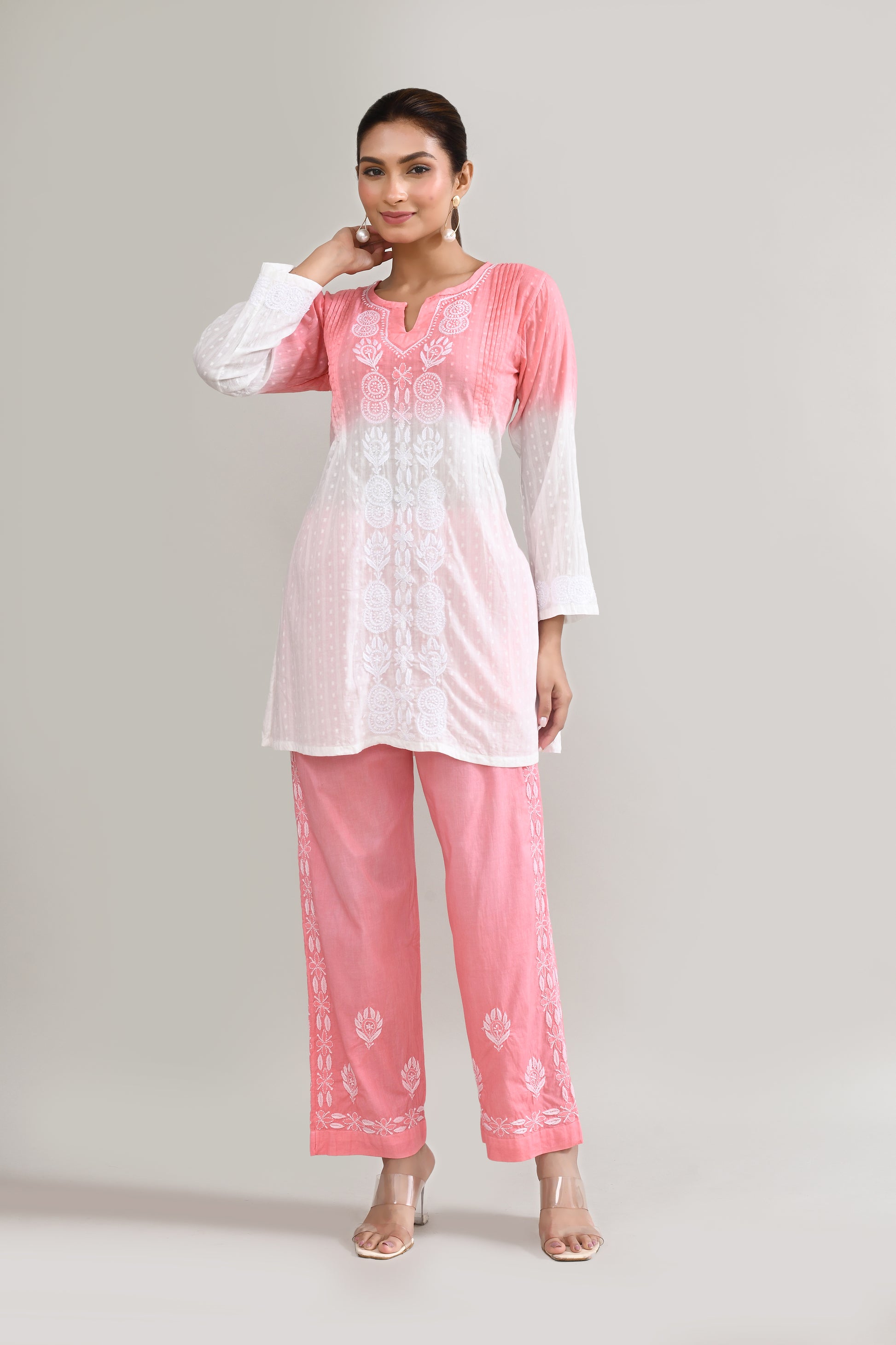 Cotton Chikankari Pink & White Cord set