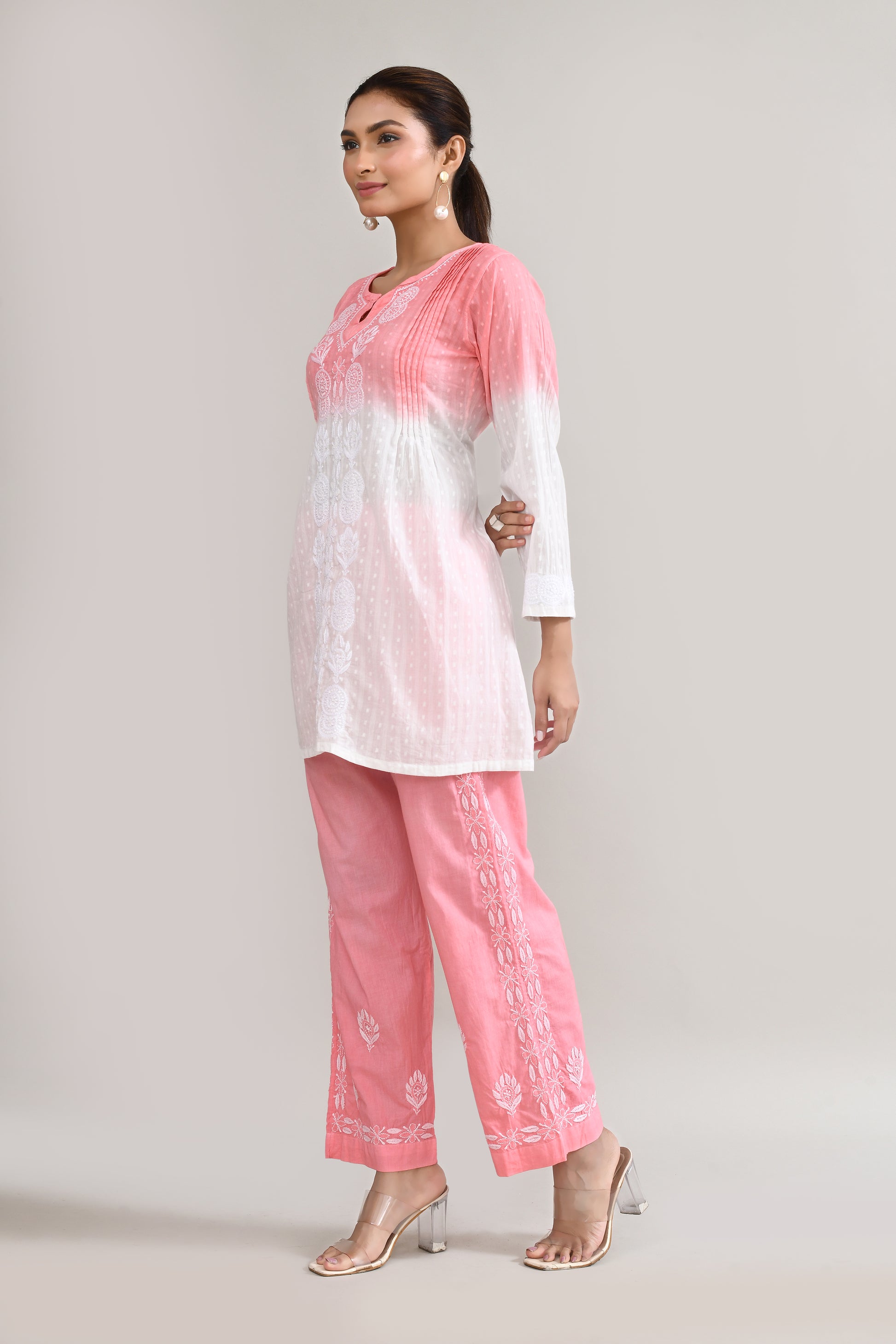 Cotton Chikankari Pink & White Cord set