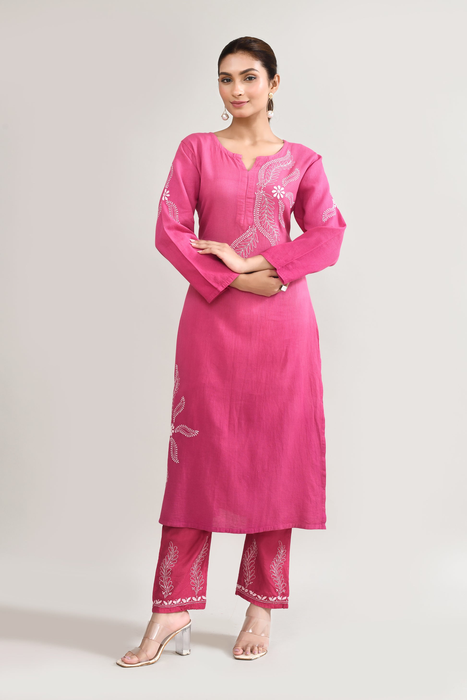 Cotton Chikankari Pink Kurta set
