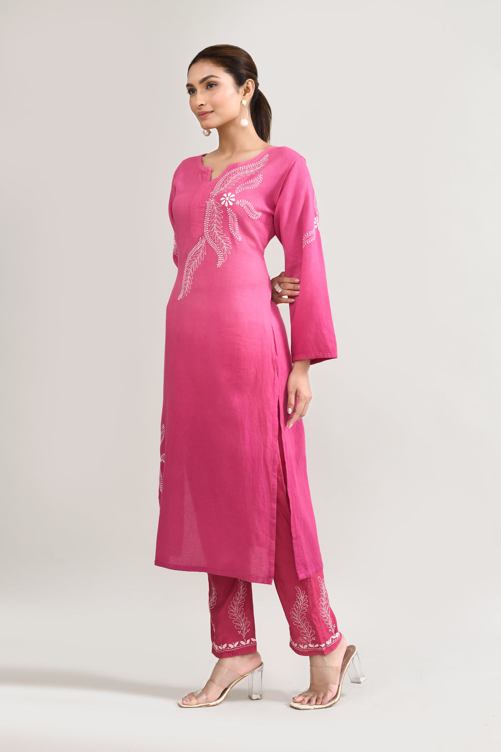 Cotton Chikankari Pink Kurta set