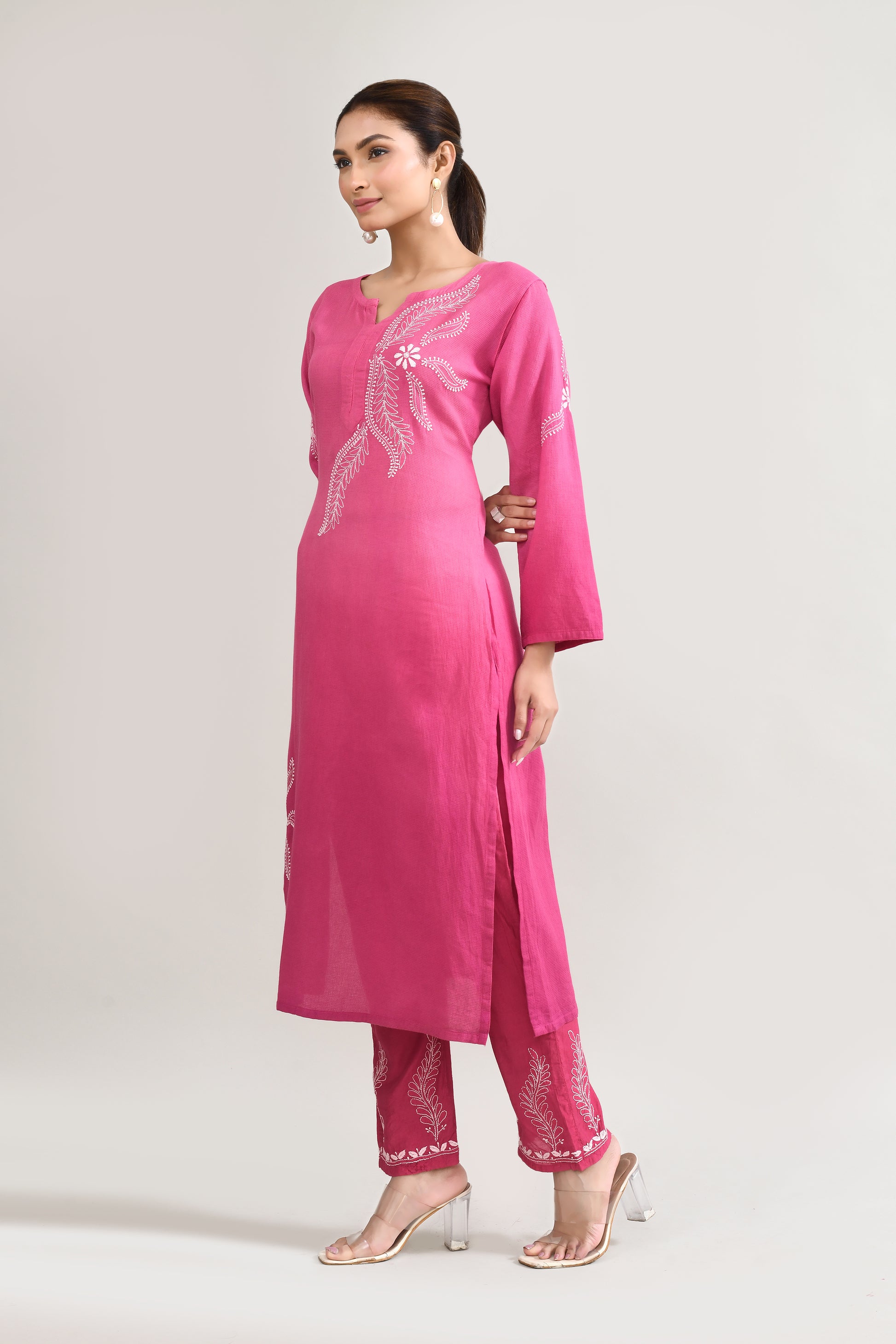 Cotton Chikankari Pink Kurta set
